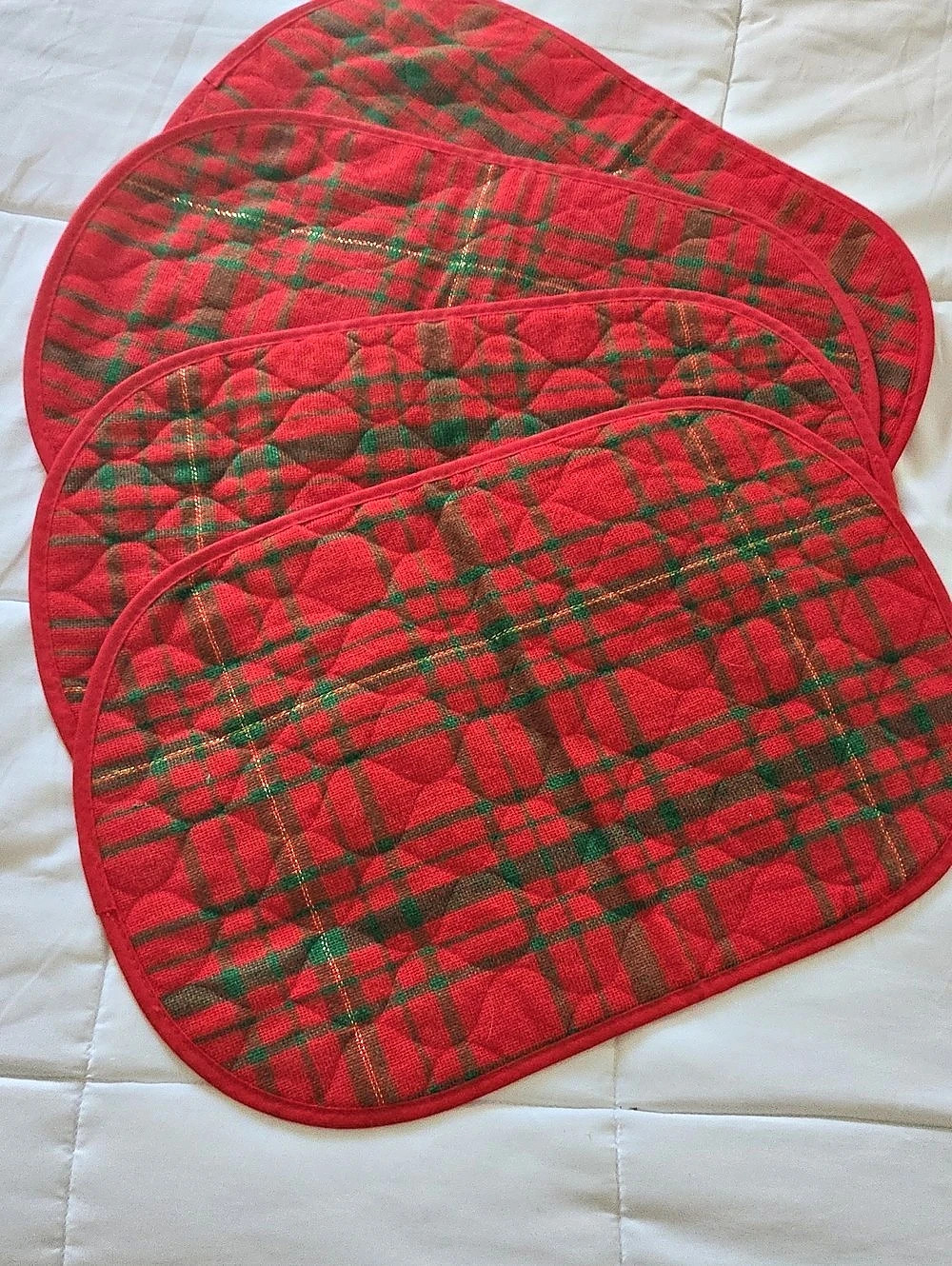 Tartan Plaid Quilted Kitchen Linens in Red & Green Like New